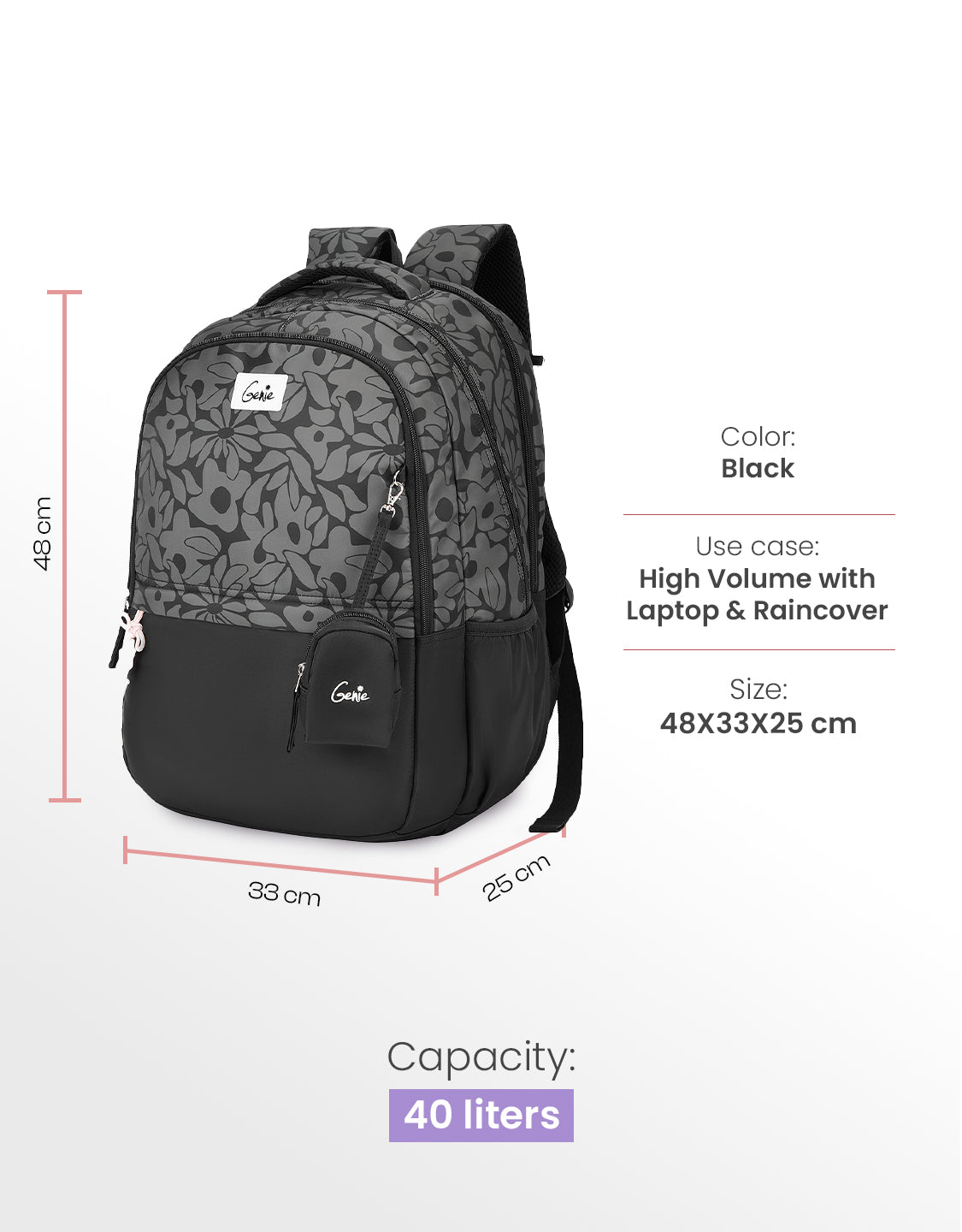 Eleanor 40L Laptop Backpack With Raincover - Black