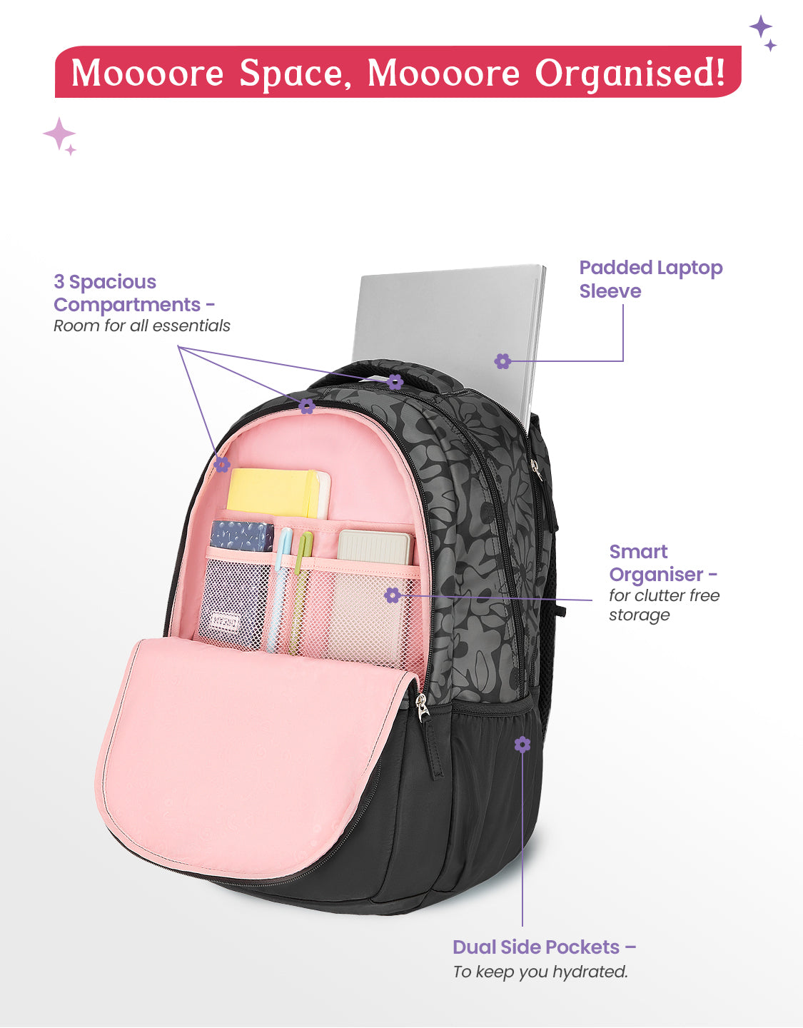 Eleanor 40L Laptop Backpack With Raincover - Black