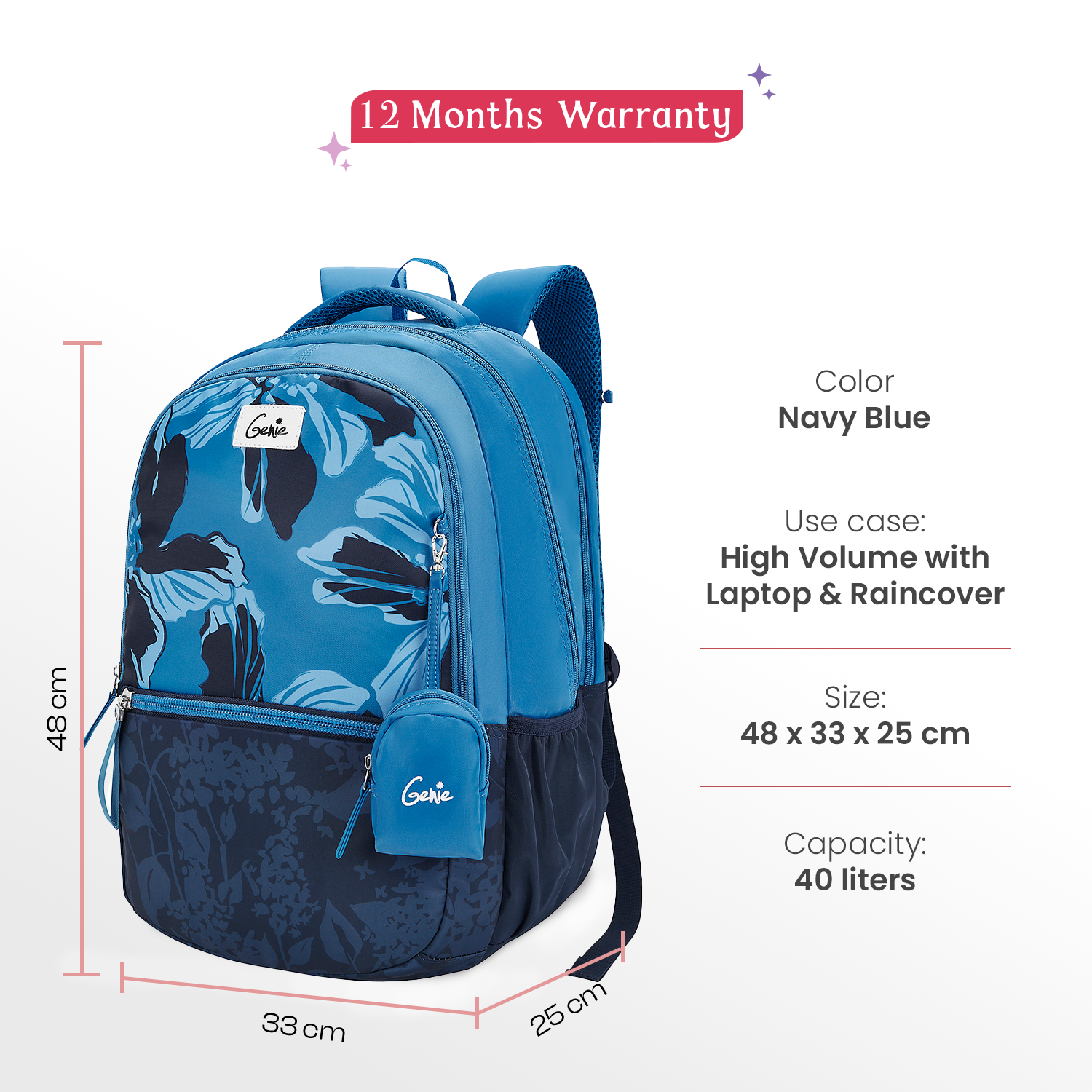 Noah 40L Navy Blue Laptop Backpack With Raincover