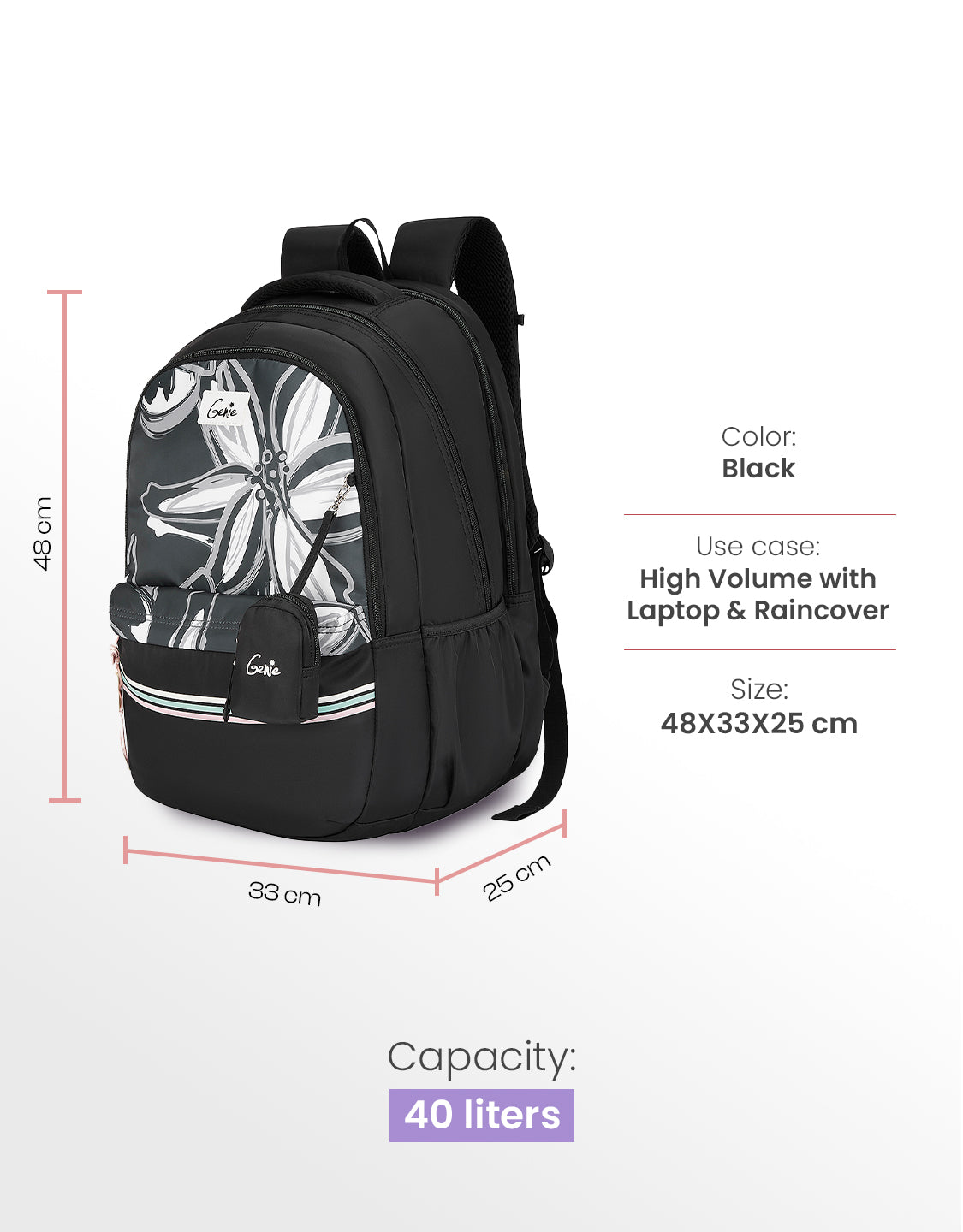 Petalis 40L Laptop Backpack With Raincover - Black