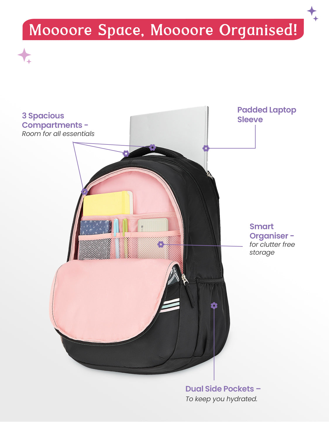 Petalis 40L Laptop Backpack With Raincover - Black