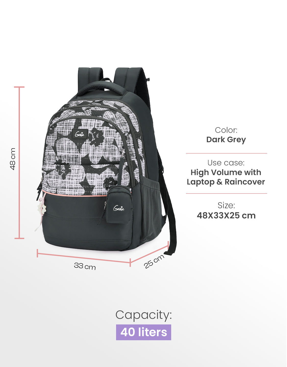 Quilsy 40L Laptop Backpack With Raincover - Dark Grey