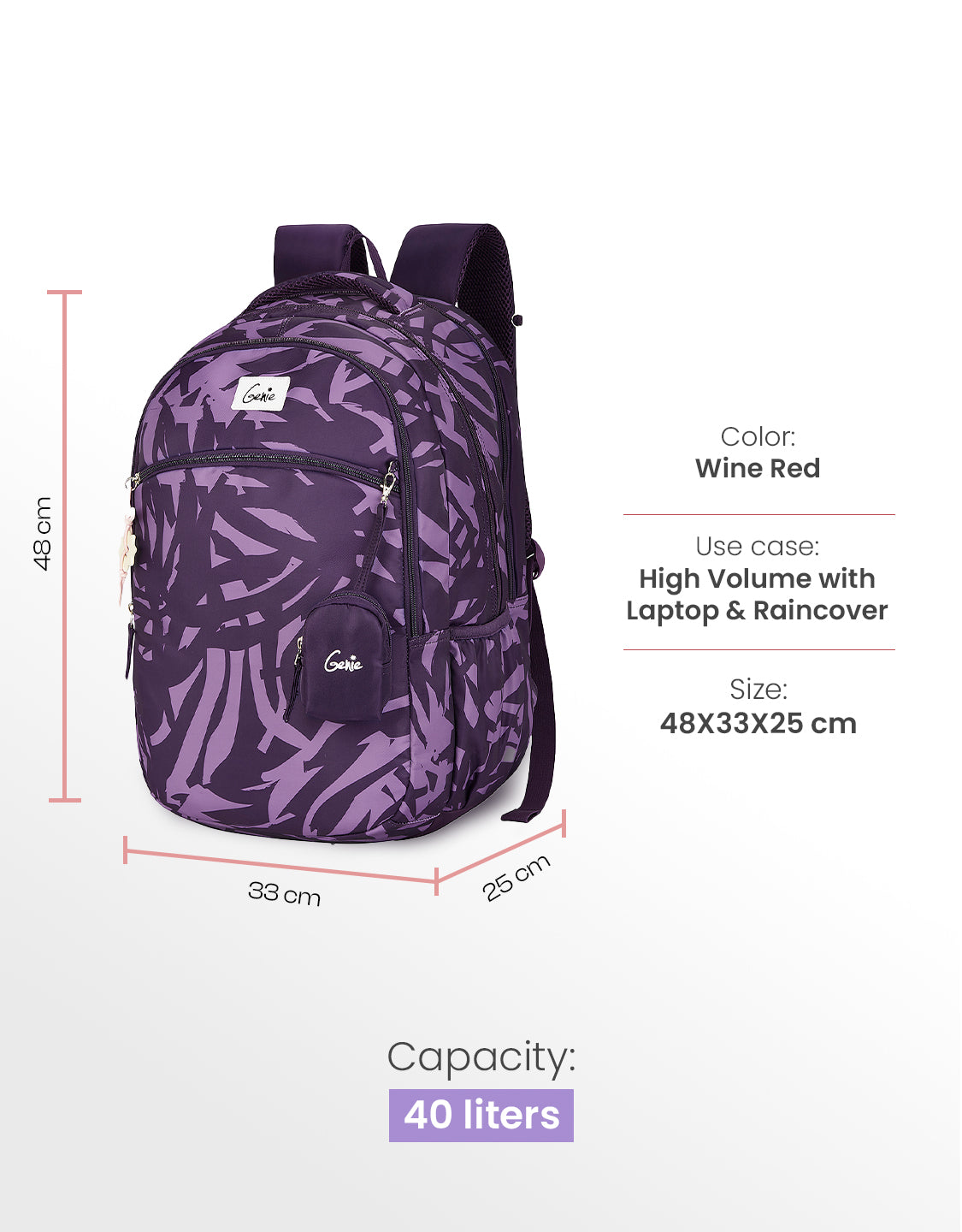 Velora 40L Laptop Backpack With Raincover - Wine Red