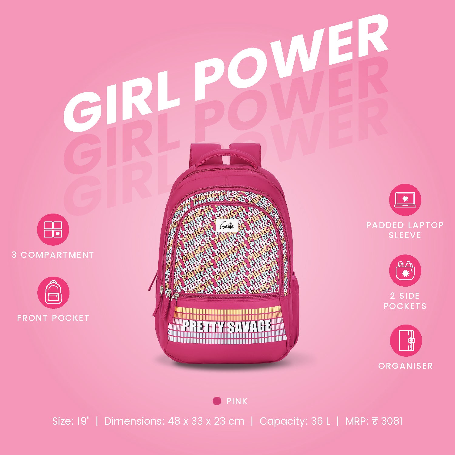 Genie Girl Power 36L Pink Laptop Backpack With Laptop Sleeve