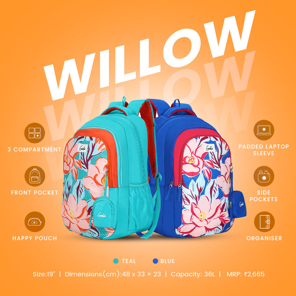 Genie Willow 36L Blue School Backpack With Premium Fabric
