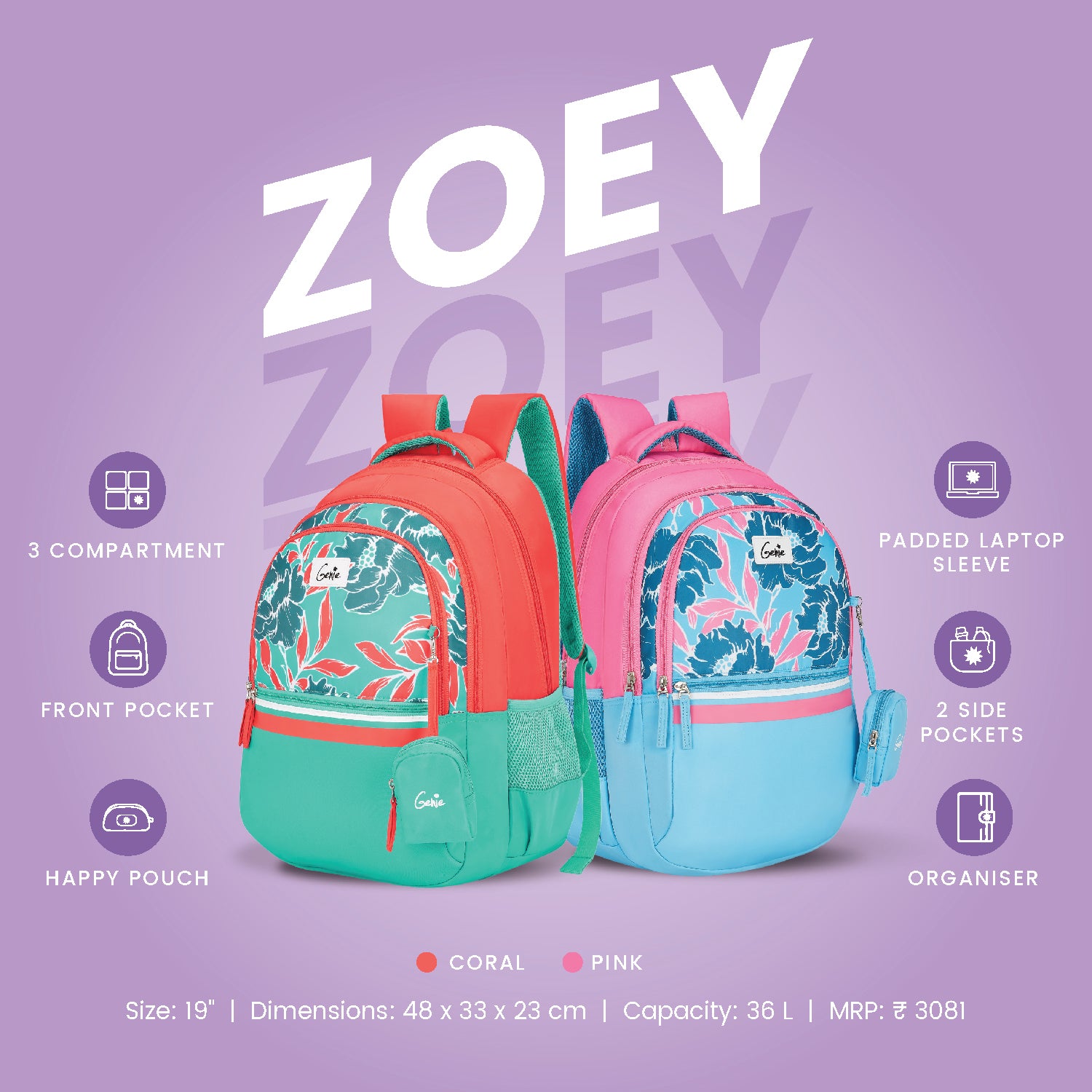 Genie Zoey 36L Pink Laptop Backpack